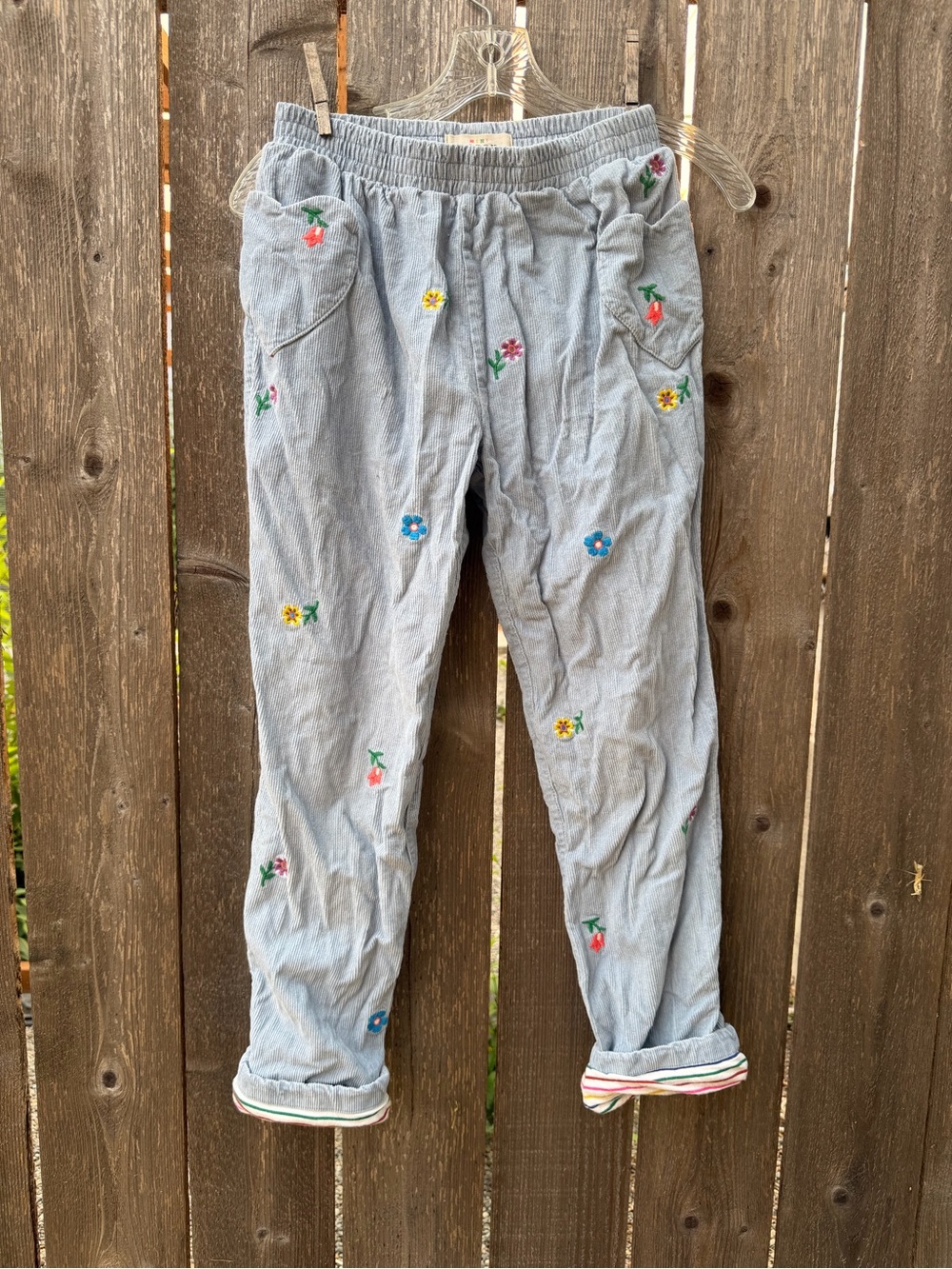 Girls 12y Mini Boden Light Blue Corduroy Floral Embroidered lined pants